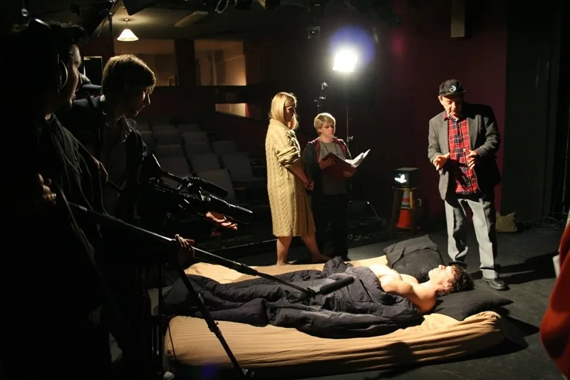 "Notes from the New World" Boom operator Guillaume Raynaud, camera operator Chris Dandridge, Rebecca Sigl (Irina), script supervisor Sherry Mason, director Vitaly Sumin, and Nathanael Thiesen (Steven).