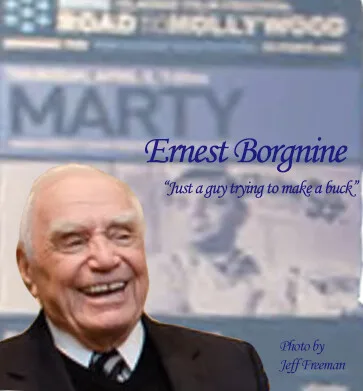 Movie poster Ernest Borgnine audio interview JUST A GUY TRYING TO MAKE A BUCK 2012